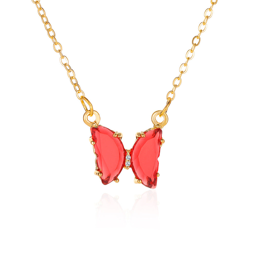 Internet celebrity ins glass crystal butterfly necklace super fairy fantasy transparent glass butterfly clavicle chain necklace