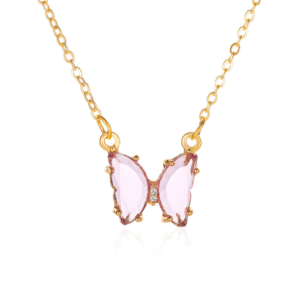 Internet celebrity ins glass crystal butterfly necklace super fairy fantasy transparent glass butterfly clavicle chain necklace