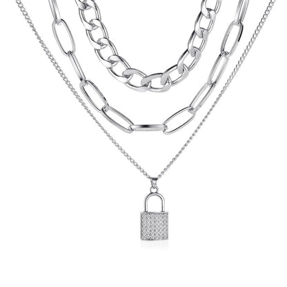 Thick chain lock necklace punk temperament micro-inlaid 3-layer lock pendant multi-layer necklace