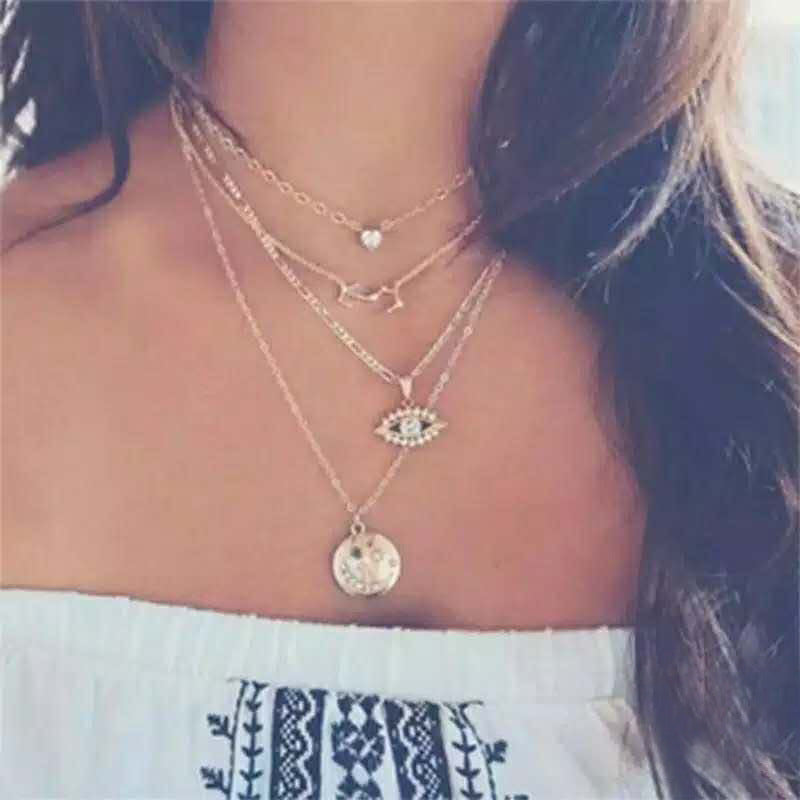 Frosty Metal Multilayer Necklace Female Simple Long Section Personality Cross Moon Clavicle Chain Pendant