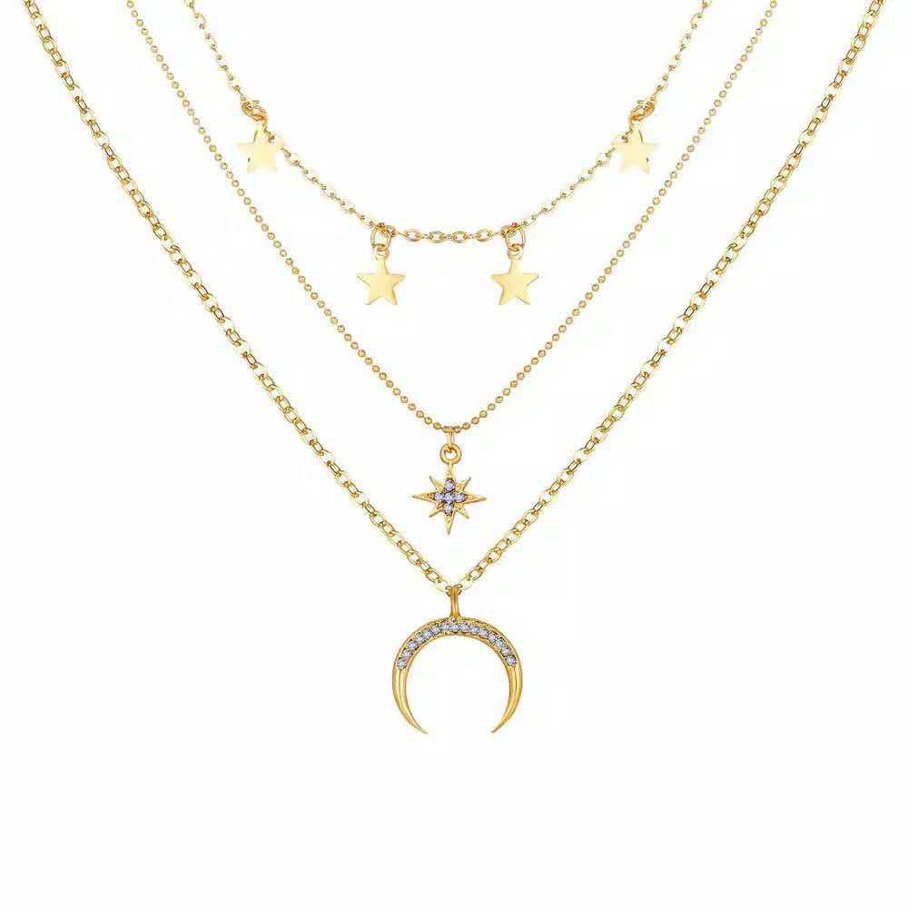 Frosty Metal Multilayer Necklace Female Simple Long Section Personality Cross Moon Clavicle Chain Pendant