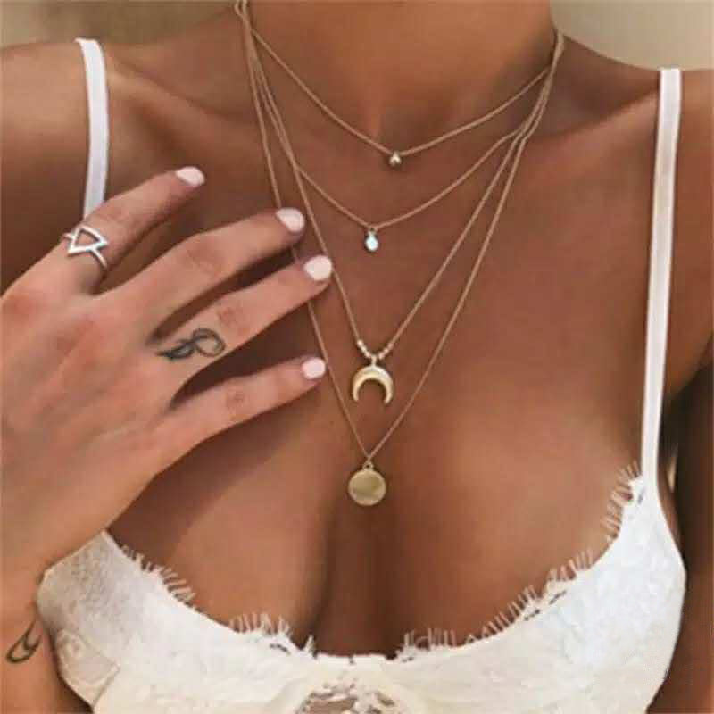 Frosty Metal Multilayer Necklace Female Simple Long Section Personality Cross Moon Clavicle Chain Pendant