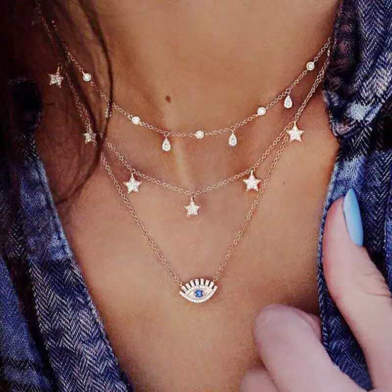 Frosty Metal Multilayer Necklace Female Simple Long Section Personality Cross Moon Clavicle Chain Pendant