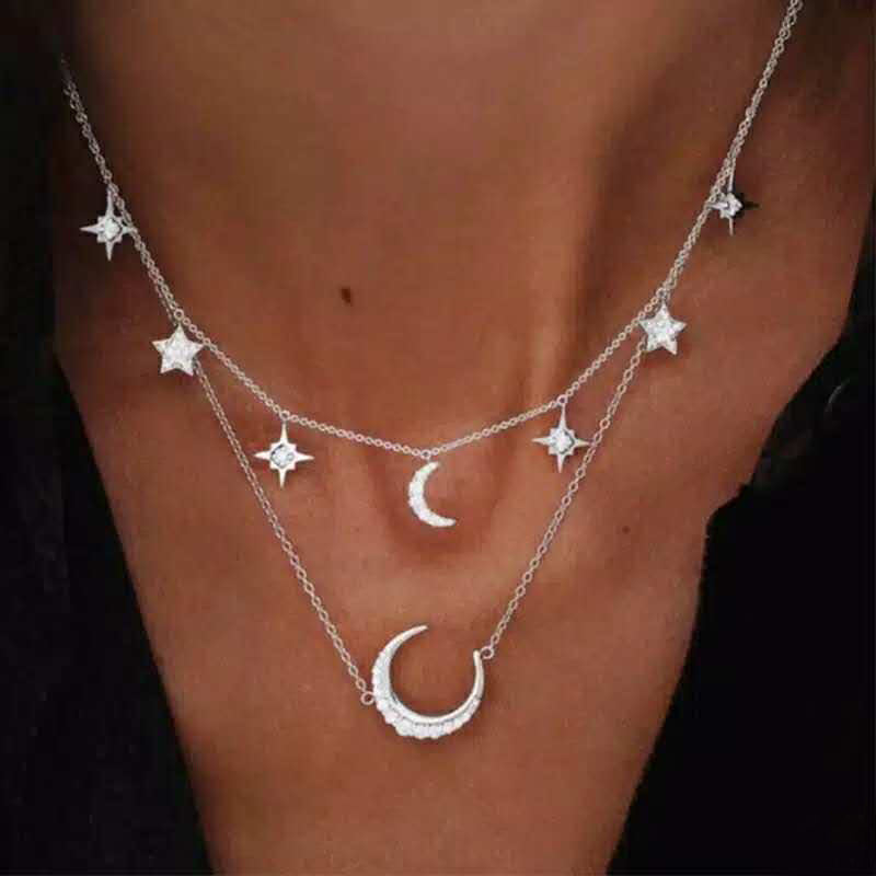 Frosty Metal Multilayer Necklace Female Simple Long Section Personality Cross Moon Clavicle Chain Pendant