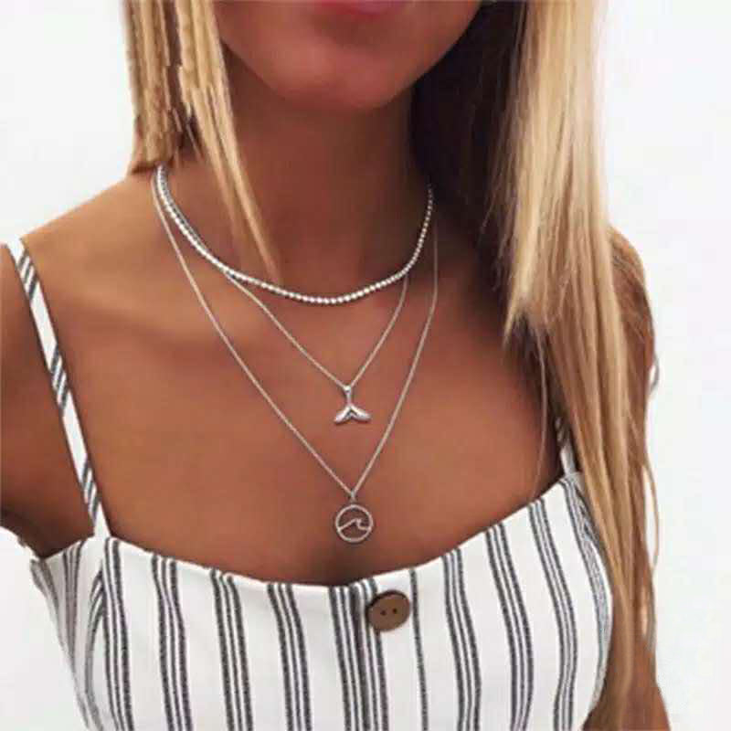 Frosty Metal Multilayer Necklace Female Simple Long Section Personality Cross Moon Clavicle Chain Pendant