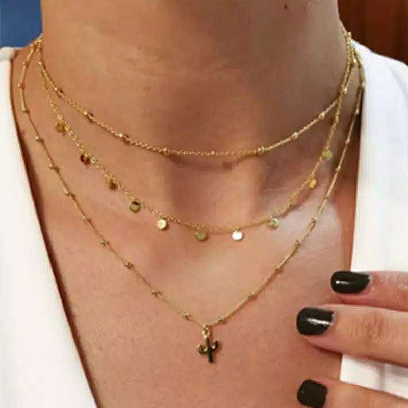 Frosty Metal Multilayer Necklace Female Simple Long Section Personality Cross Moon Clavicle Chain Pendant