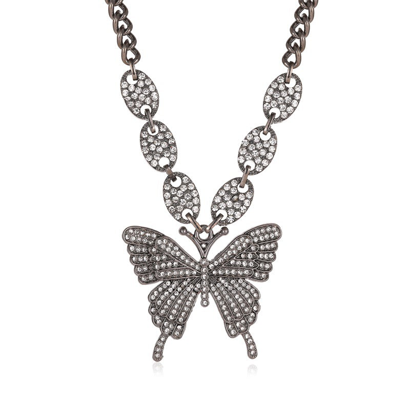 Exaggerated Butterfly Necklace Punk Micro-set Rhinestone Geometric Clavicle Chain Retro Cuban Hip Hop Sweater Chain