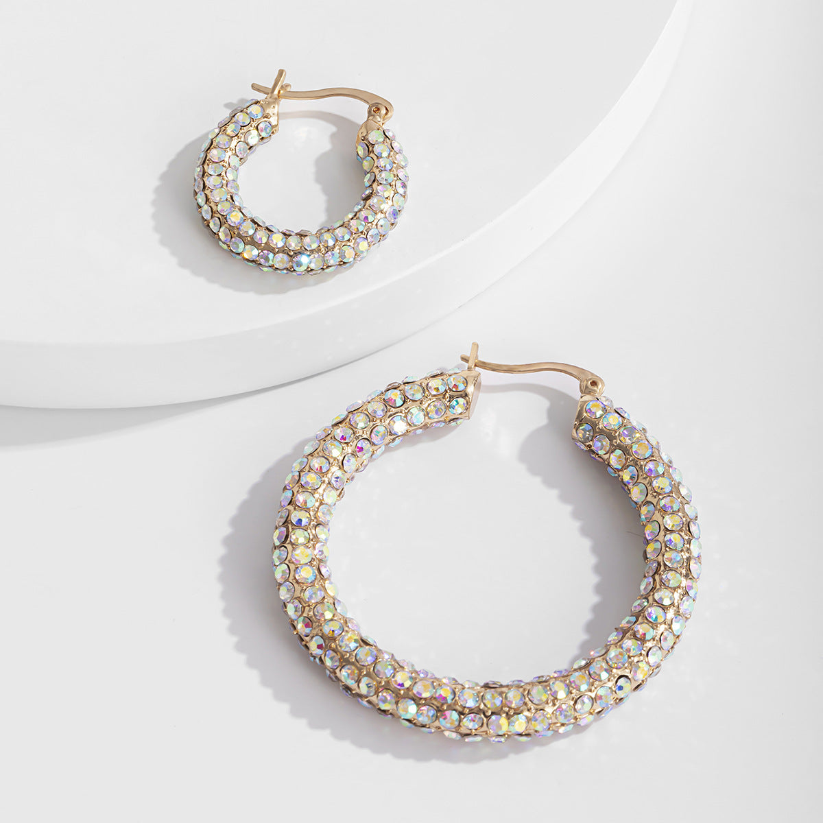 Jewelry fashion light luxury C-shaped full-diamond set earrings temperament all-match inlaid colored diamond geometric earrings