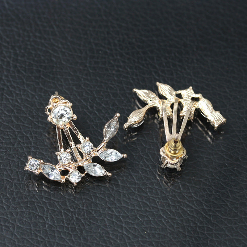 Fashion Girl Jewelry Diamond Crystal Leaf Earrings Branch Back Hanging Zircon Earrings