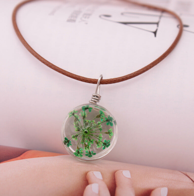 Fashion transparent ball four-leaf clover pendant gemstone dandelion dried flower necklace jewelry