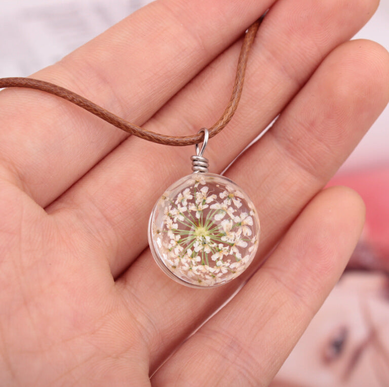 Fashion transparent ball four-leaf clover pendant gemstone dandelion dried flower necklace jewelry