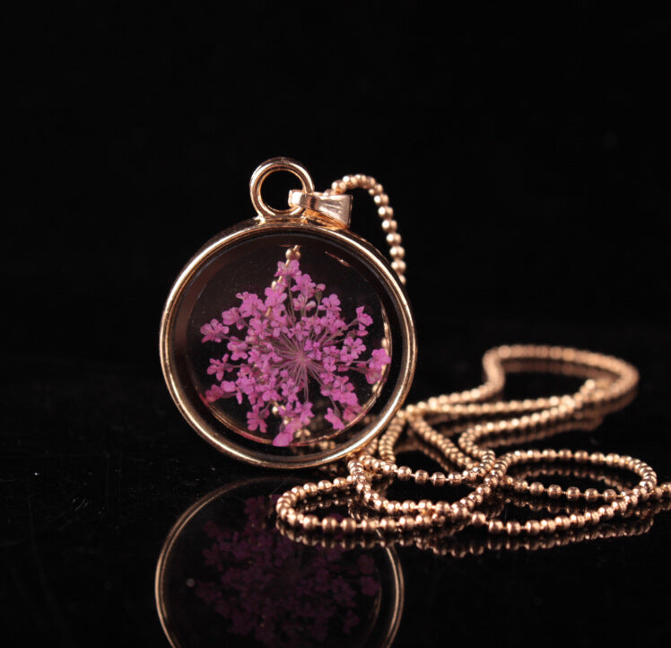 Fashion Pop Jewelry Handmade Lace Dried Flower Pendant Necklace Glass Clavicle Chain