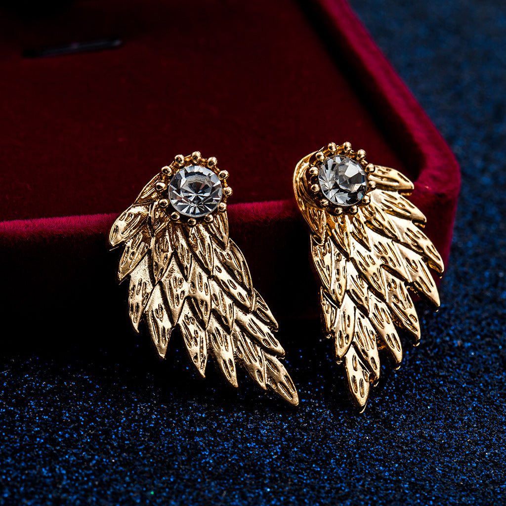 Retro Three-dimensional Angel Wings Stud Earrings Feather Diamond Alloy Piercing Stud Earrings