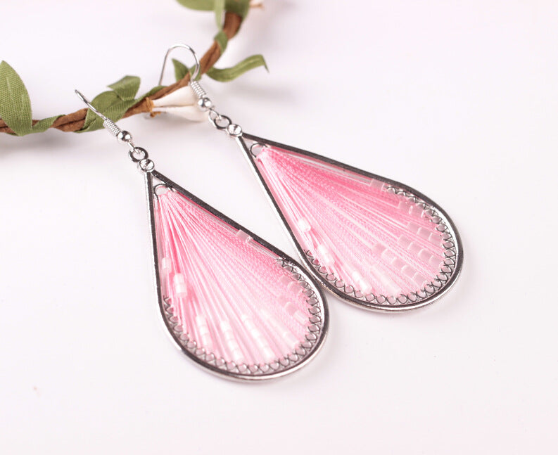 Exaggerated Ethnic Earrings Geometric Drop Shaped Earrings Hand Woven Silk Thread Earrings