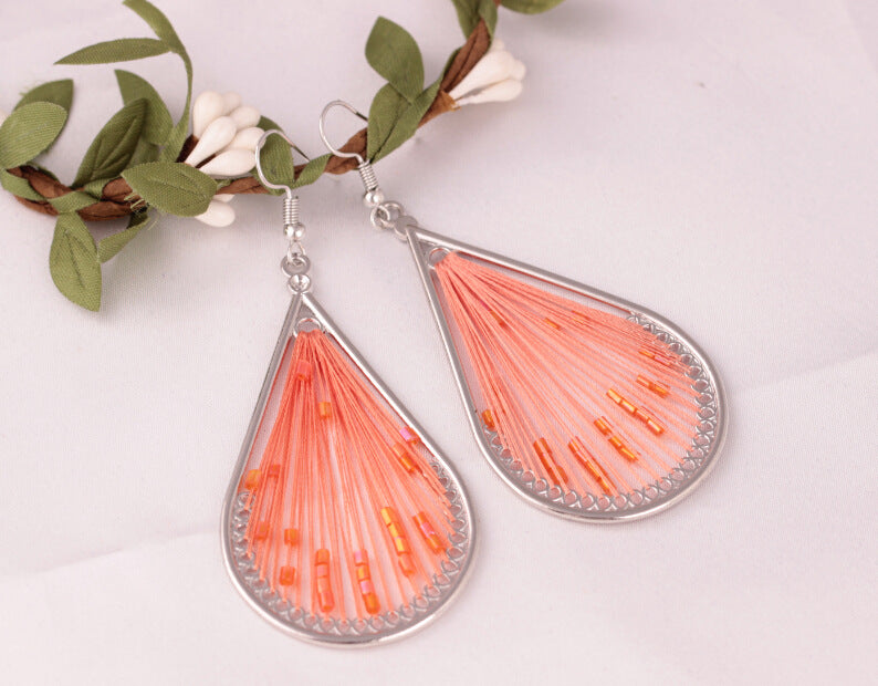 Exaggerated Ethnic Earrings Geometric Drop Shaped Earrings Hand Woven Silk Thread Earrings