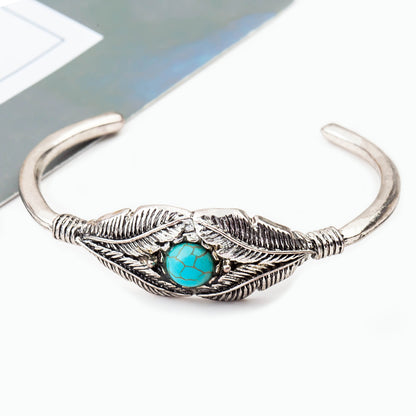 Vintage Turquoise Feather Leaf Cuff Bracelet