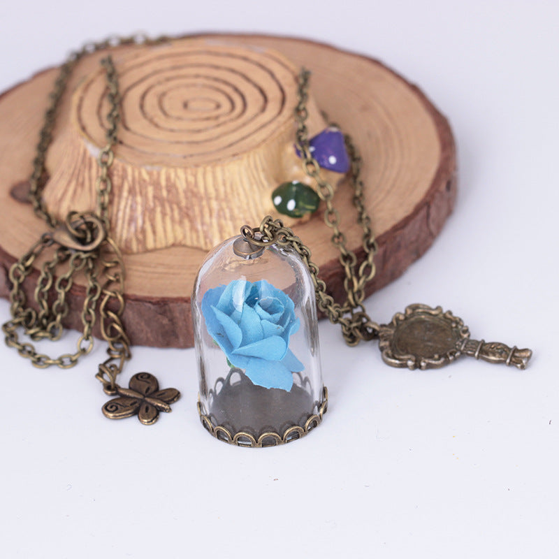 Fashion Rose Flower Glass Shade Pendant Summer Beach Preserved Flower Necklace Ornaments