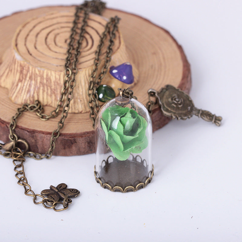 Fashion Rose Flower Glass Shade Pendant Summer Beach Preserved Flower Necklace Ornaments