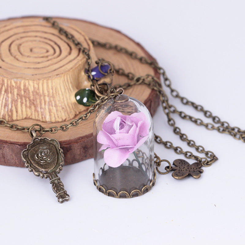 Fashion Rose Flower Glass Shade Pendant Summer Beach Preserved Flower Necklace Ornaments