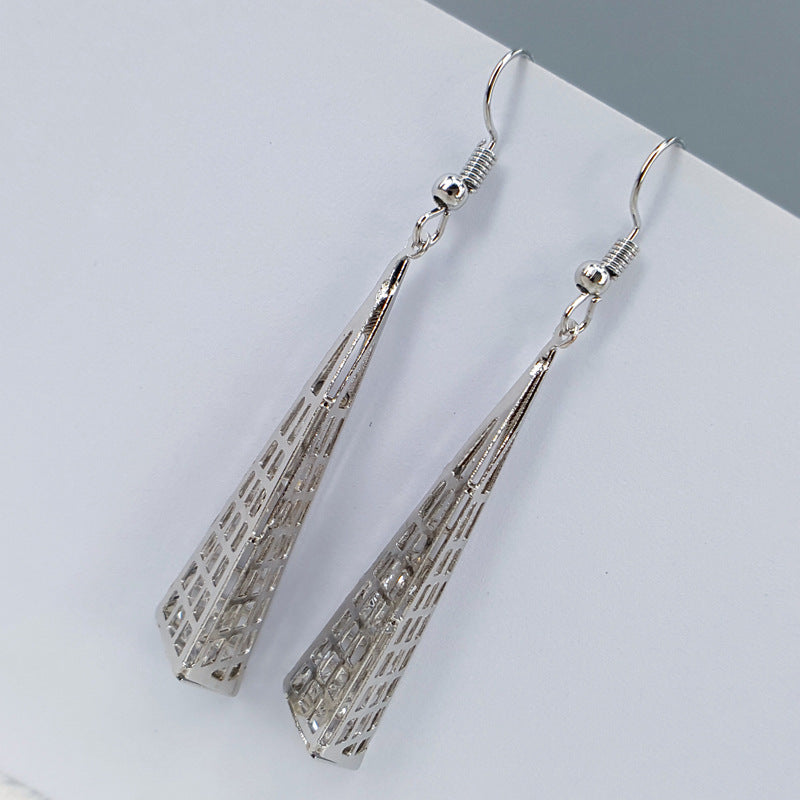 Long Pyramid Hollow Imitation Zircon Triangle Earhook Pendant Earring Jewelry Alloy Earrings Earrings