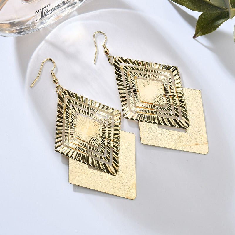 Hollow Out Multi-Level Rhombus Ladies Frosted Earrings Vintage Jewelry