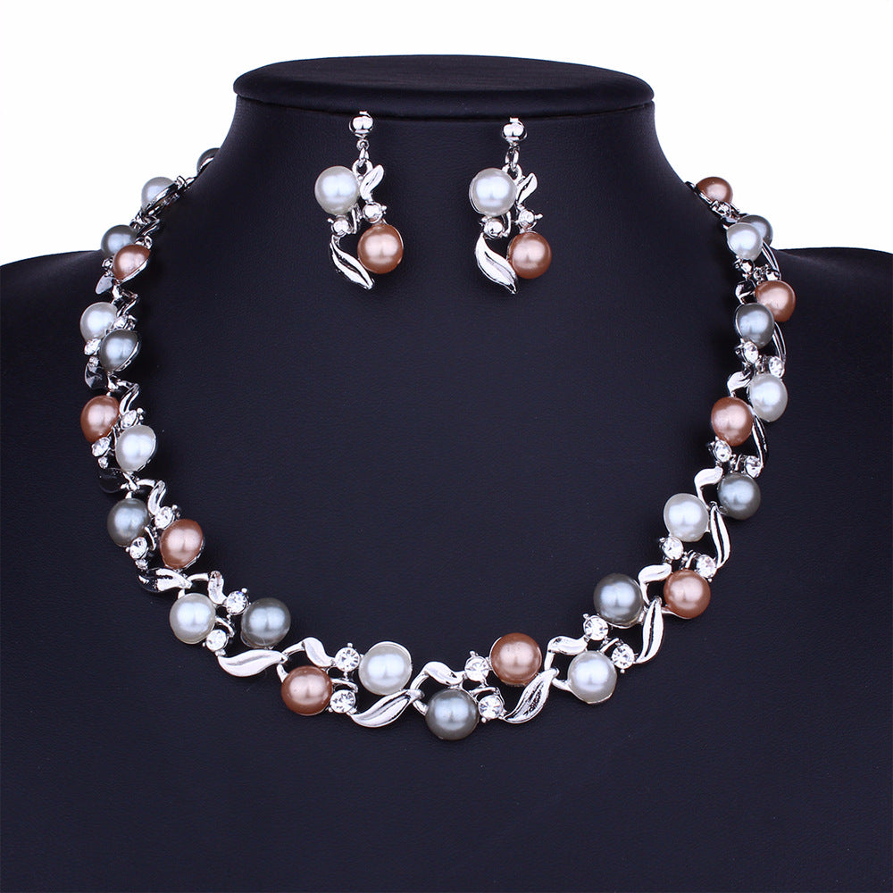 2 Imitation Pearl Necklace Earrings Set Lady Temperament Versatile Jewelry Set