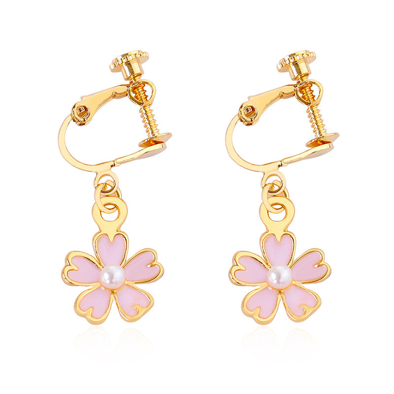 Small fresh dripping oil pink flower pearl earrings five-leaf flower earrings earrings ear clips