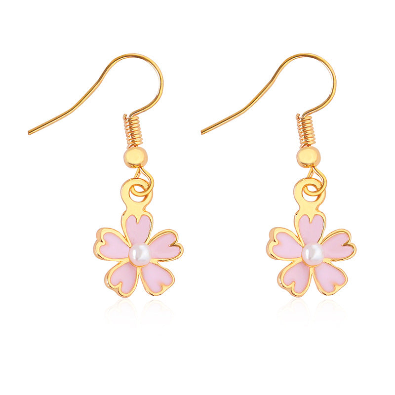 Small fresh dripping oil pink flower pearl earrings five-leaf flower earrings earrings ear clips