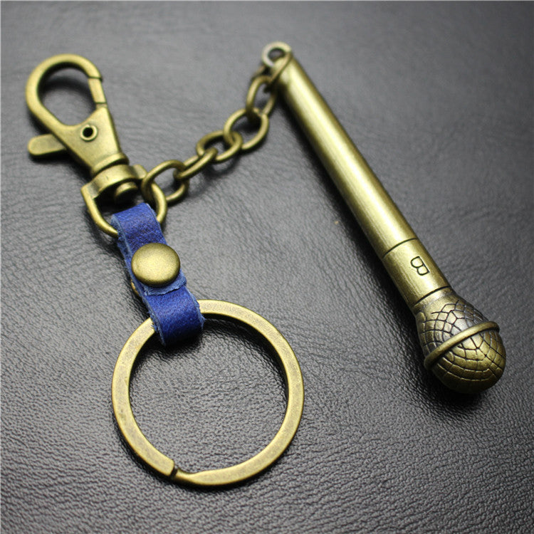 Long handle microphone microphone keychain antique silver bronze key ring jewelry bag pendant pendant