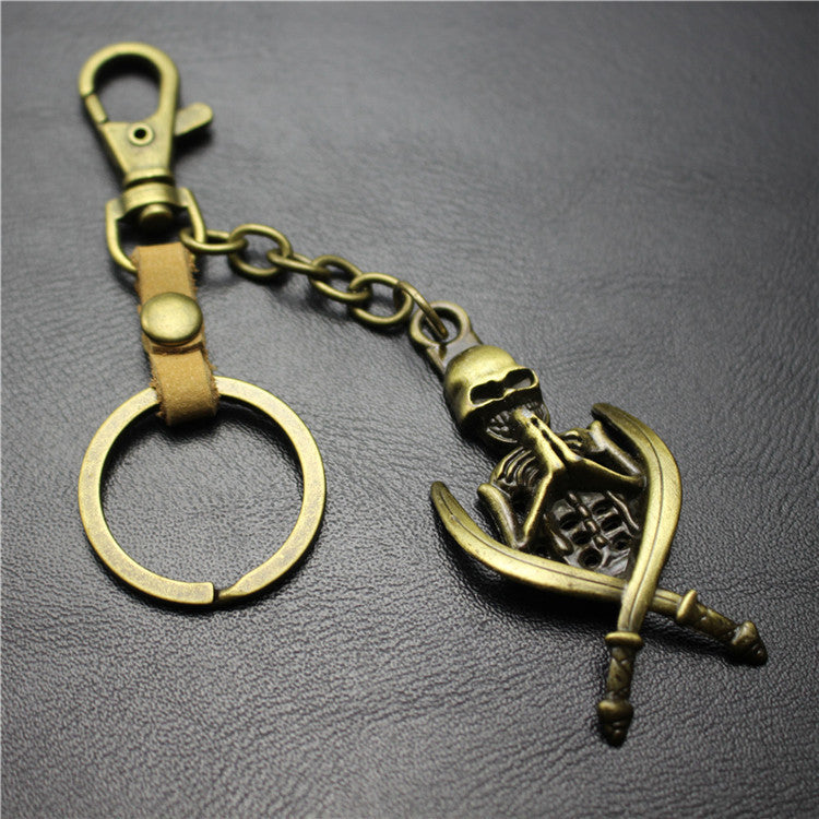 Double Sword Reaper Skull Alloy Pendant Leather Keychain Retro Key Ring Pendant Gift