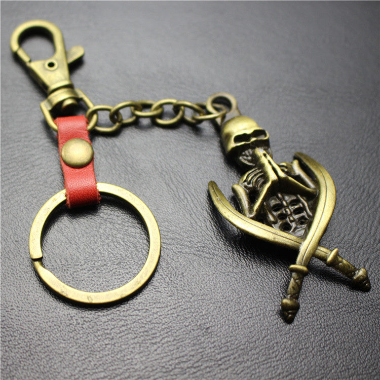 Double Sword Reaper Skull Alloy Pendant Leather Keychain Retro Key Ring Pendant Gift