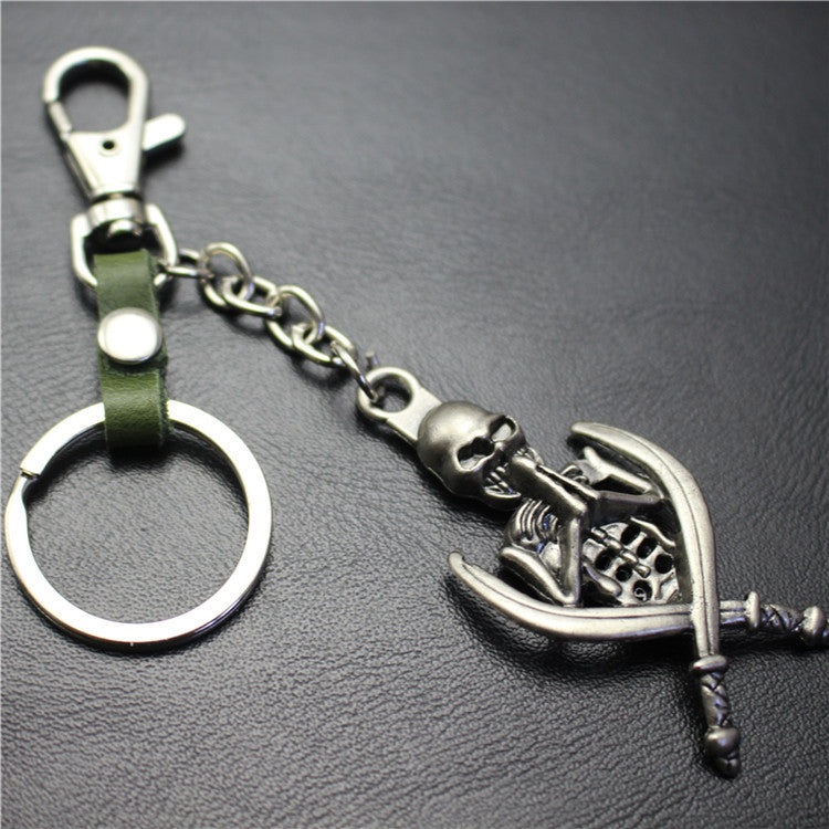 Double Sword Reaper Skull Alloy Pendant Leather Keychain Retro Key Ring Pendant Gift