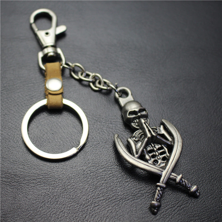 Double Sword Reaper Skull Alloy Pendant Leather Keychain Retro Key Ring Pendant Gift