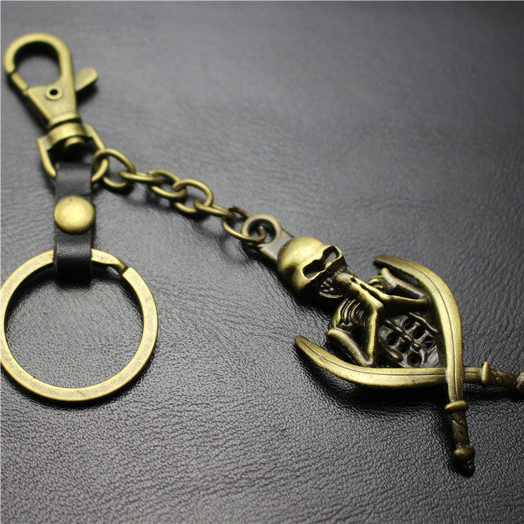 Double Sword Reaper Skull Alloy Pendant Leather Keychain Retro Key Ring Pendant Gift