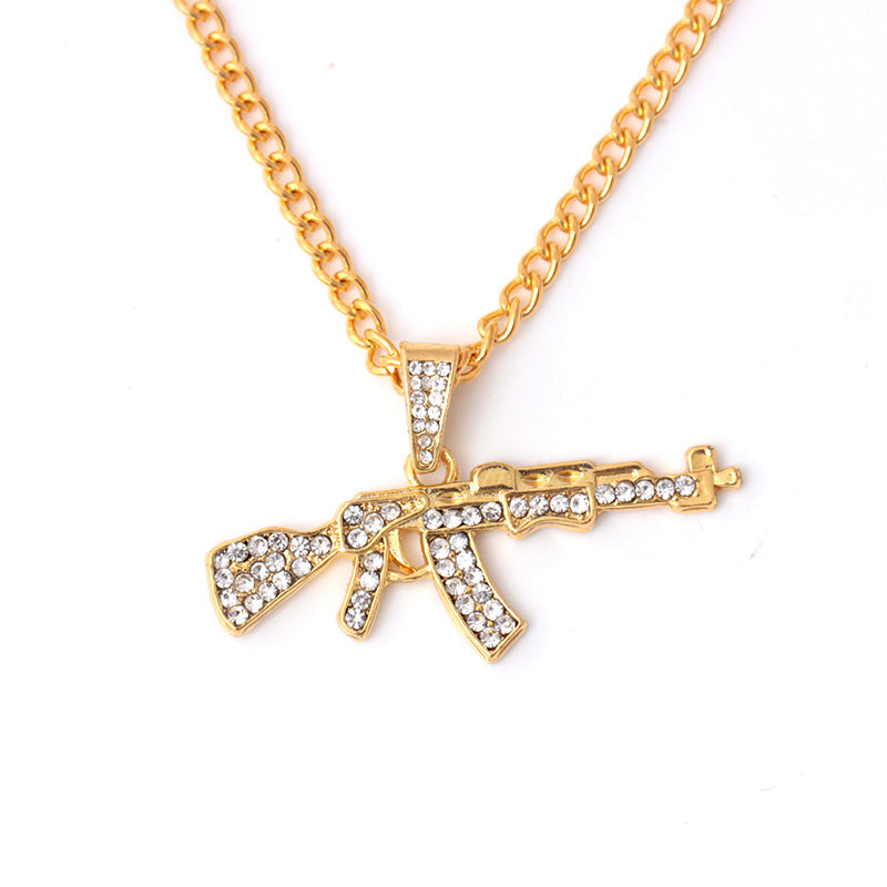 Fashion diamond-studded long gun necklace creative hip-hop submachine gun pendant jewelry