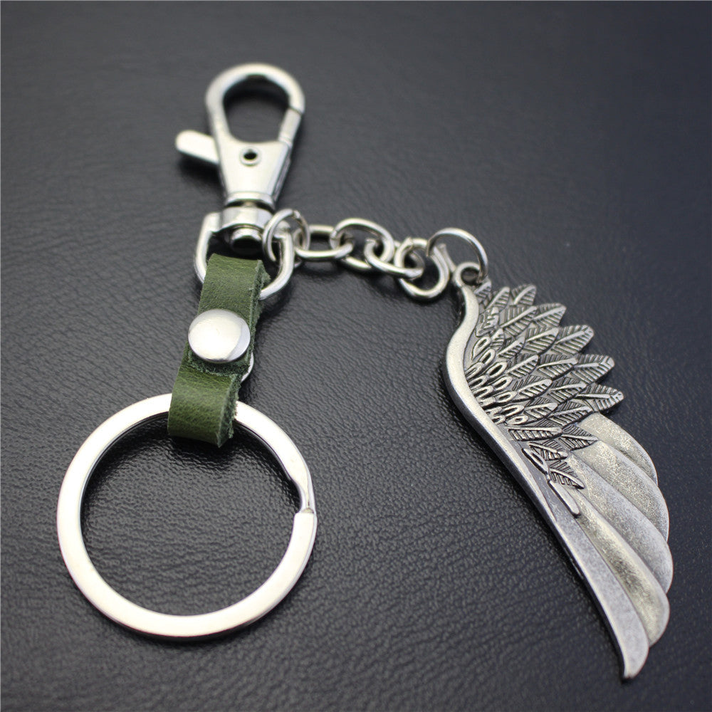 High-quality brushed retro alloy angel wings pendant leather key chain clothing accessories car key ring