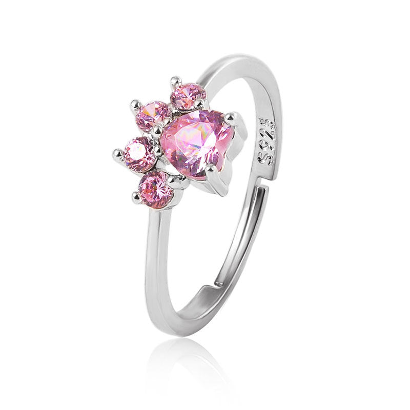 Cute Cartoon Opening Adjustable Cat Claw Cat Footprint Zircon Ring Female Electroplated Silver Animal Copper Jewelry