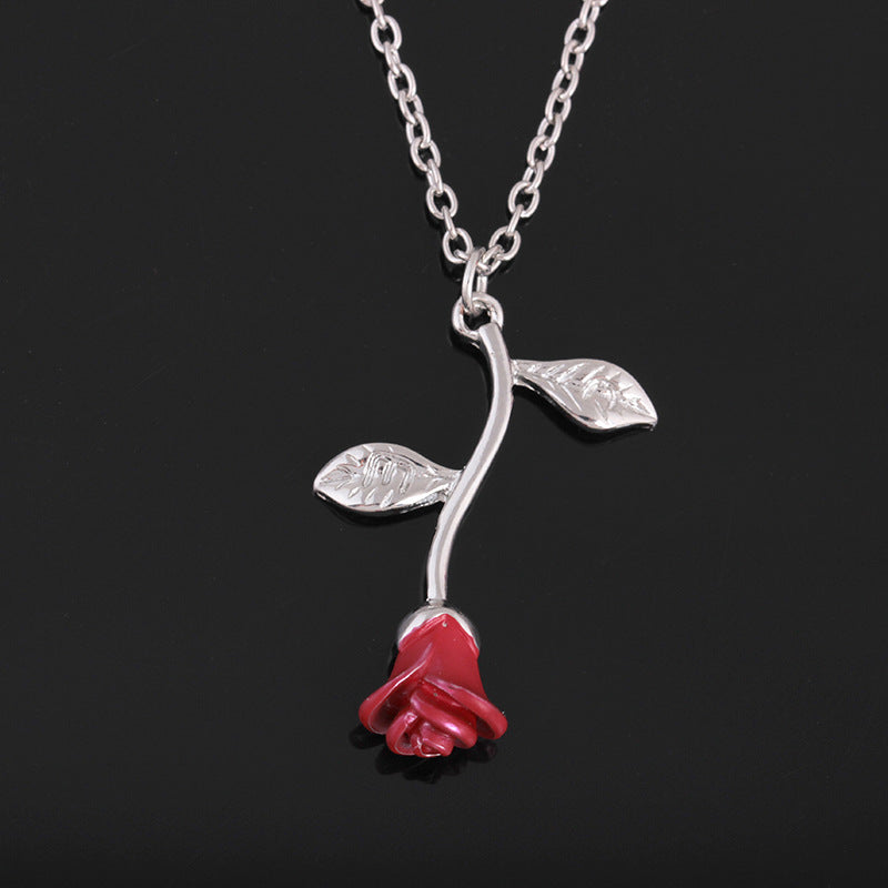 Red Rose Pendant Necklace Female Cute Plant Flower Clavicle Chain Jewelry
