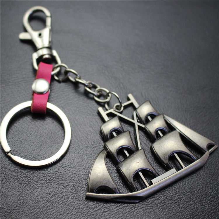 Yifanshun Retro Alloy Sailboat Pendant Leather Keychain 3cm Key Ring Korean Wave Jewelry Bag Pendant