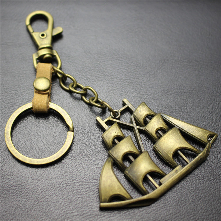 Yifanshun Retro Alloy Sailboat Pendant Leather Keychain 3cm Key Ring Korean Wave Jewelry Bag Pendant