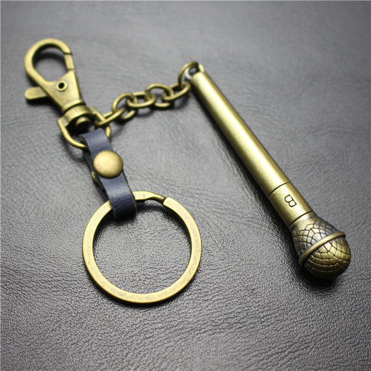 Long handle microphone microphone keychain antique silver bronze key ring jewelry bag pendant pendant