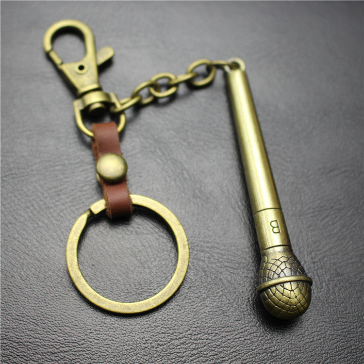 Long handle microphone microphone keychain antique silver bronze key ring jewelry bag pendant pendant