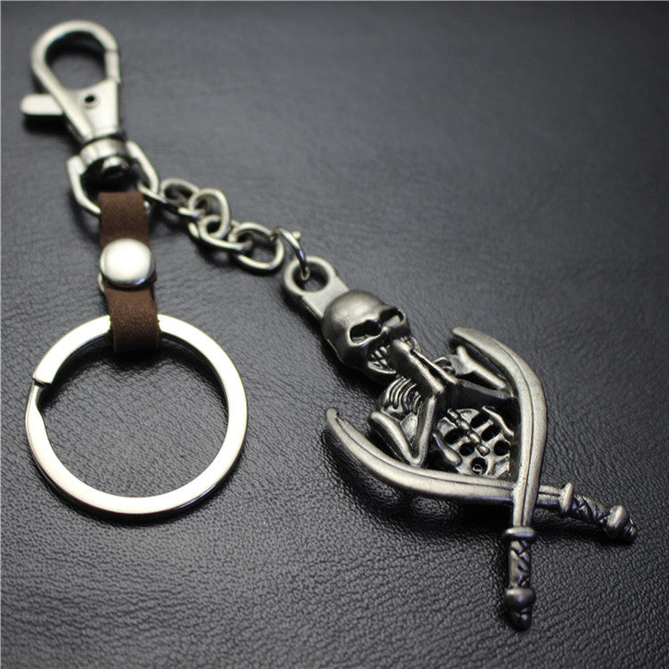 Double Sword Reaper Skull Alloy Pendant Leather Keychain Retro Key Ring Pendant Gift