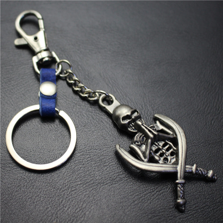 Double Sword Reaper Skull Alloy Pendant Leather Keychain Retro Key Ring Pendant Gift