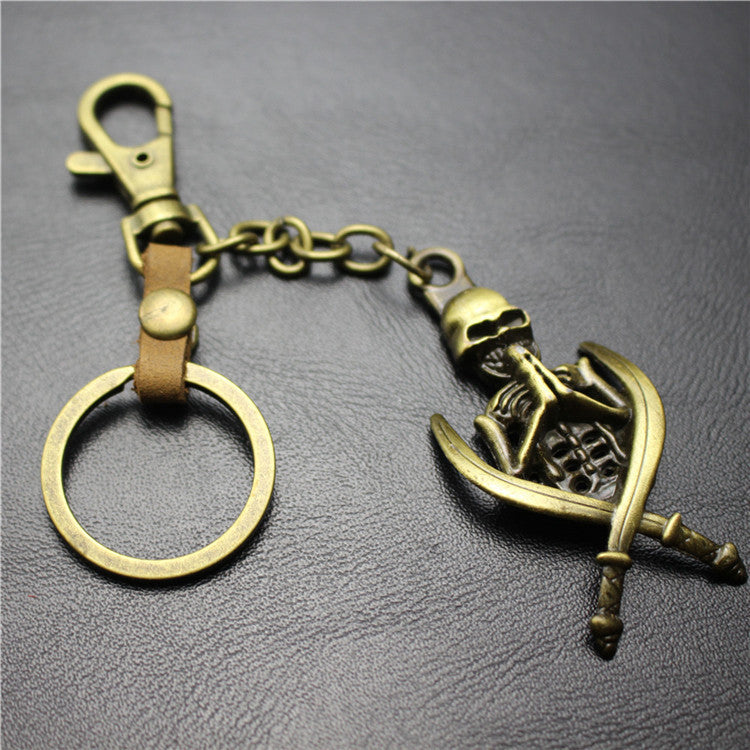 Double Sword Reaper Skull Alloy Pendant Leather Keychain Retro Key Ring Pendant Gift
