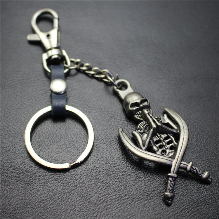 Double Sword Reaper Skull Alloy Pendant Leather Keychain Retro Key Ring Pendant Gift
