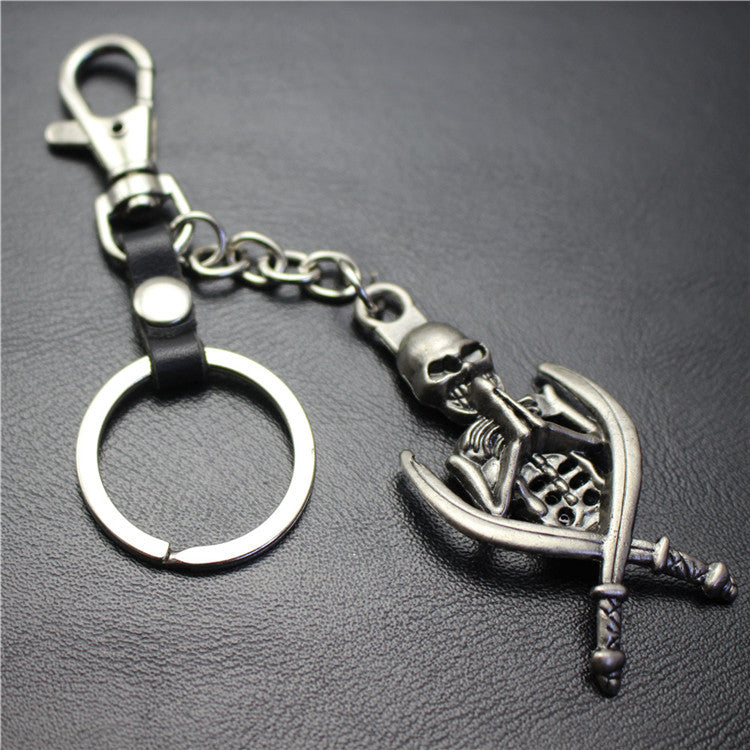 Double Sword Reaper Skull Alloy Pendant Leather Keychain Retro Key Ring Pendant Gift