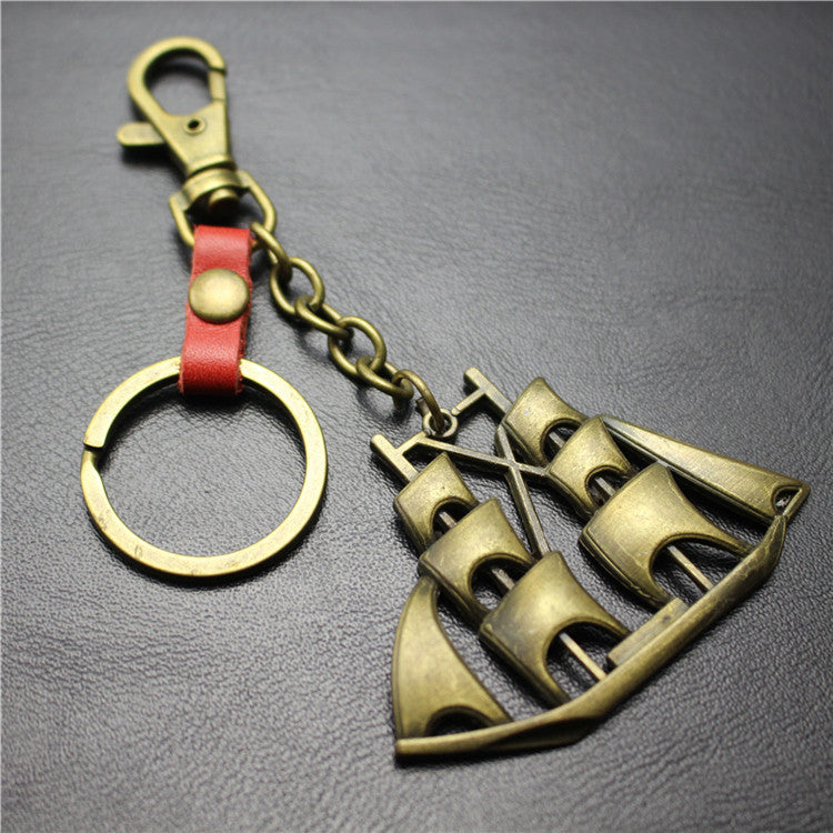 Yifanshun Retro Alloy Sailboat Pendant Leather Keychain 3cm Key Ring Korean Wave Jewelry Bag Pendant