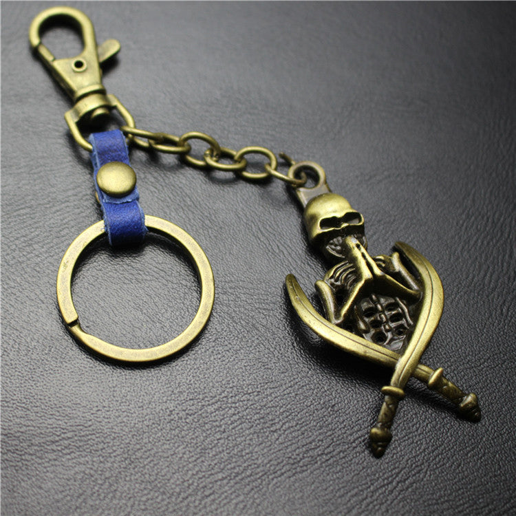 Double Sword Reaper Skull Alloy Pendant Leather Keychain Retro Key Ring Pendant Gift