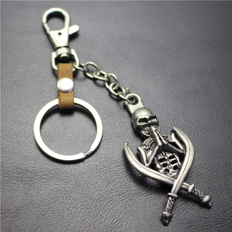 Double Sword Reaper Skull Alloy Pendant Leather Keychain Retro Key Ring Pendant Gift